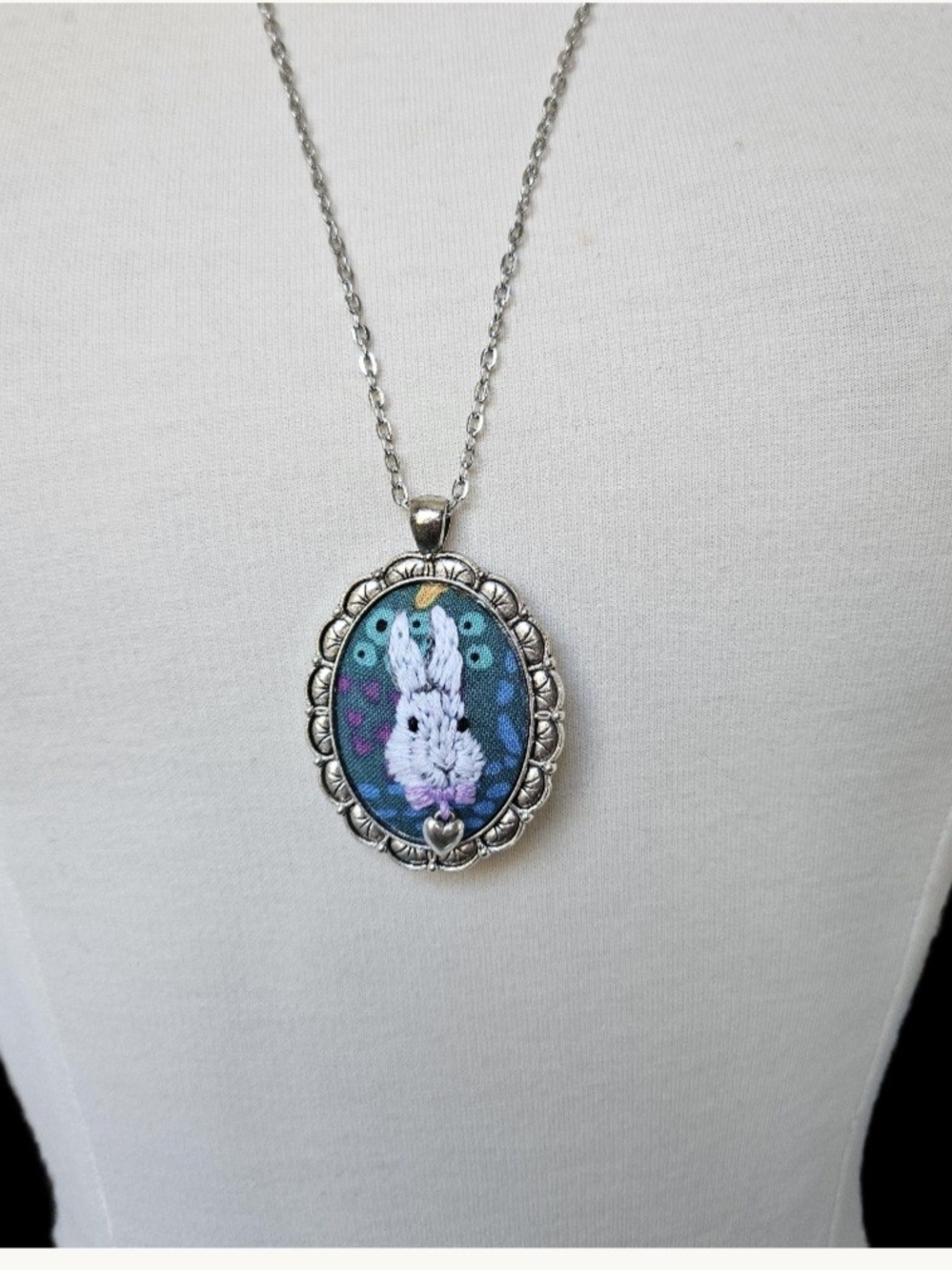 Hand Embroidered White Bunny Rabbit Pendant Necklace - Picture 2 of 3